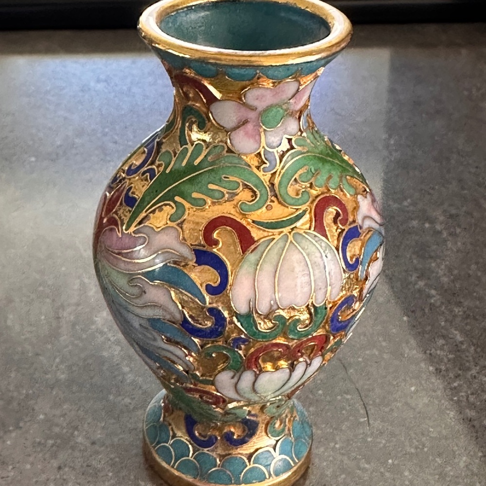 Vintage Cloisonné Bud Vase Wood Stand Yellow Gold Gilt Over Metal Multi Colored